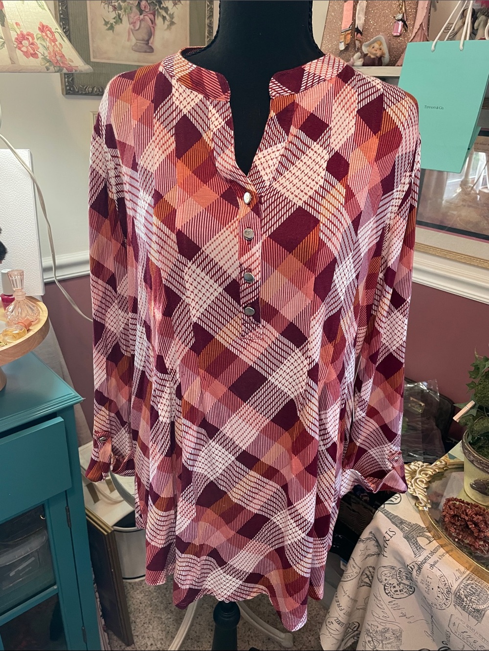 Plaid V-Neck Button Women's Tunic Top - Burgundy Pink Kim  Rogers